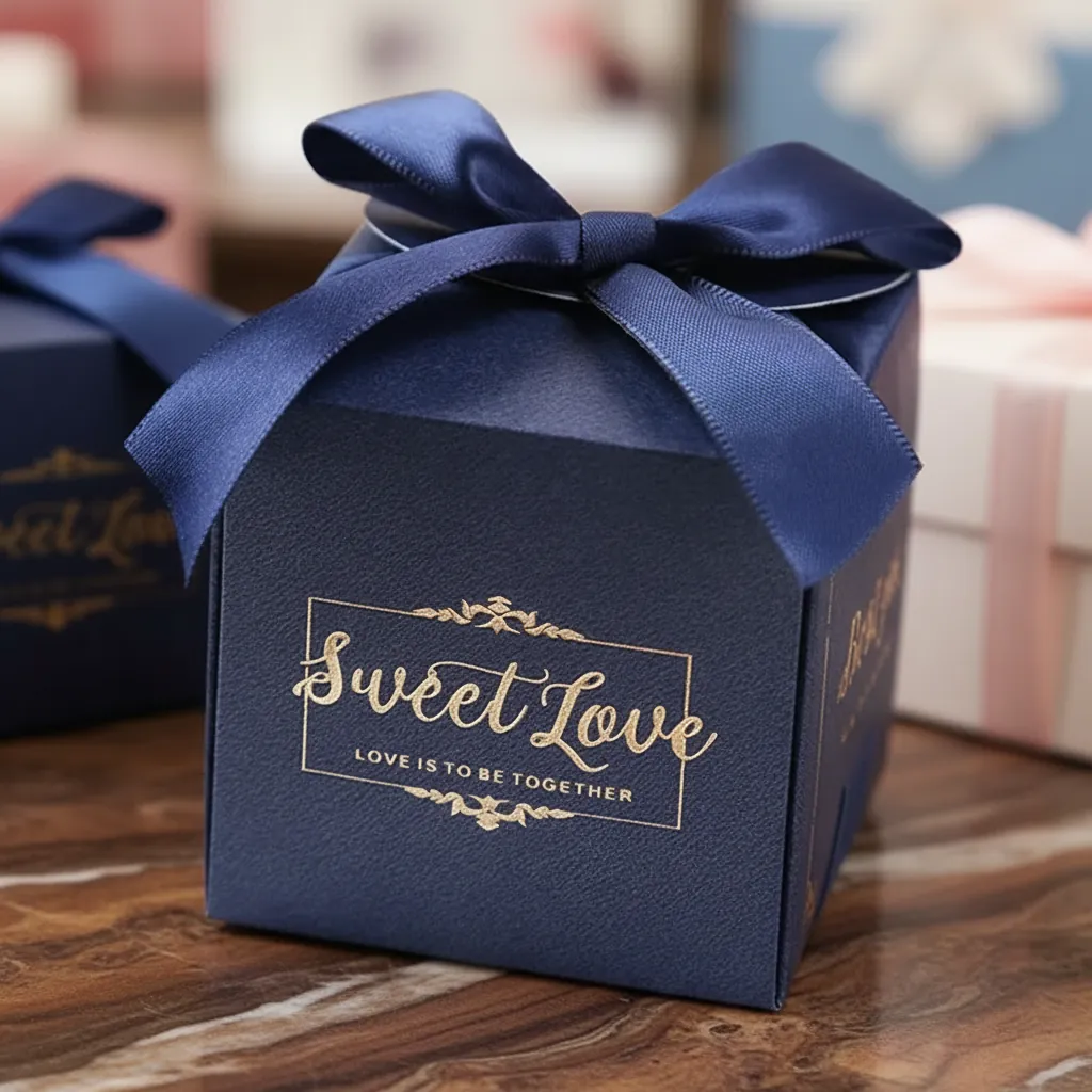 Custom Blue Cube Box with Ribbon Bow